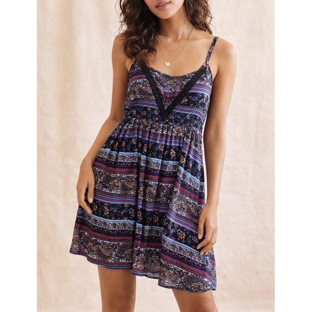 Angie Boho Paisley Stripe Mini Dress Crochet Trim Adjustable Straps Rayon L